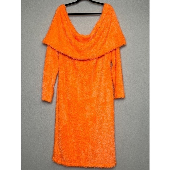 NWT ZELIE FOR SHE Sweater Dress Off Shoulder Fuzzy Eyelash Knit Neon Bodycon 2X - Picture 6 of 8